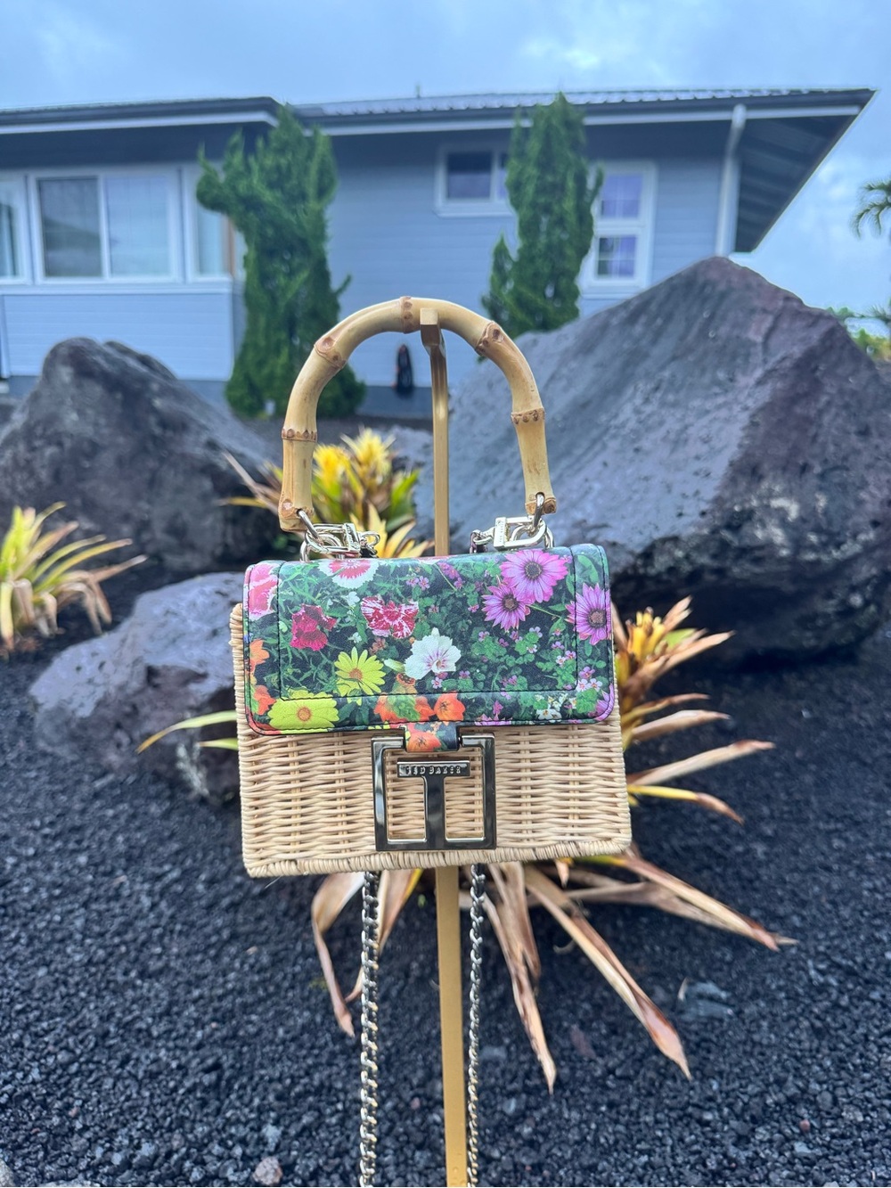Ted Baker Floral Woven Rattan Bamboo Handle Mini Crossbody Bag